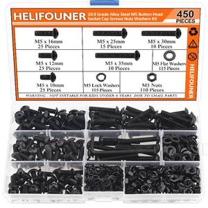 lot 7020 image: HELIFOUNER 450 Pieces M5 x 10mm 12mm 16mm 25mm 30mm 35mm, Button Head Socket Cap Screws Bolts Nuts Washers Kit, 10.9 Grade Alloy Steel, Fully Threaded, Black