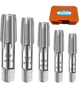 lot 7025 image: 5-Piece NPT Pipe Tap Set, 18, 14, 38, 12, 34 � NPT Tap Set Carbon Steel Hand Threading Plumbing Tap Set for Accurate Threads, Assorted Plumbers Mechanics DIY Thread cutting tools