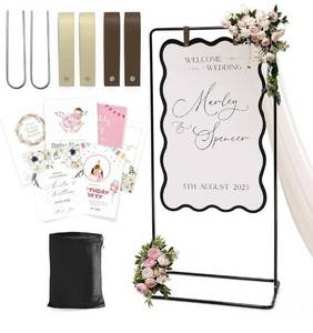 lot 7031 image: Wedding Welcome Sign Stand, Welcome to our Wedding Sign Holder, Black Easel Stand for Sign Poster With Design Bundle & Ground Stakes & Leather Sign Hanging Straps, Linen Sign Stand for Wedding Decor