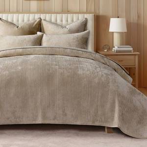 lot 7032 image: EverGrace Velvet Quilt Set King Size, Luxurious Soft Quilted Bedding Sets, Lightweight Velvet Comforter for All Season, Striped Channel Bedspread Coverlet with 2 Shams, Urban Taupe