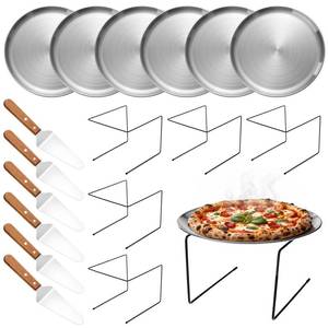 lot 7037 image: LemonRoad 18 Pcs Pizza Pan Riser Stands Sets Includes 6 Metal Pizzas Table Stands 6 Pan(11.8in) and 6 Wood Handle Pie Server, Pizza Rack Stand Pizzas Tray for Dessert Cheese Weddings Party(Silver)