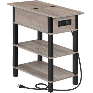 lot 7043 image: HOOBRO End Table with Charging Station, Flip Top Side Table with USB Ports, Narrow Nightstand Bedside Tables with Storage Shelves, for Small Space, Living Room,Greige and Black BG141UBZ01