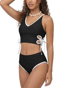 lot 7055 image: AlisOker Teen Girls Swimsuits Two Piece V-Neck Bikini with Chest Pad Adjustable Straps Bathing Suit for Teens 13-14Years Black