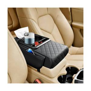 lot 7094 image: FALVFUN Car Center Console Armrest Box Mat, Nappa Leather Armrest Box Cover with Tissue Box, Cup Holder & Phone Holder, Middle Console Arm Rest Protection Pillow, Universal for Vehicles (Black)