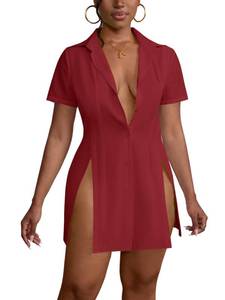 lot 7102 image: LYANER Womens Split Shirt Dress Collar V Neck Button Down Short Sleeve Sexy Mini Shirt Dresses Wine Red X-Large