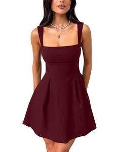 lot 7104 image: YMDUCH Womens Sexy Sleeveless Square Neck Adjustable Straps Bow Tie A-line Mini Party Club Dress WineRed Large