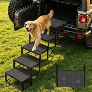 lot 7111 image: Dog Steps for Car, 5 Steps Foldable Dog Stairs for Large Dogs with Upgraded Non-Slip Surface, Pet Ramp Alternative, Heavy-Duty Plastic Pet Stairs for Vehicles, SUV, Truck, Lightweight & Portable