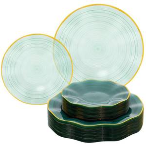 lot 7123 image: Pryntono 60PCS Green Plastic Plates with Gold Rim, Heavy Duty Disposable Plates, Elegant and Fancy 60 Dinner and 60 Dessert Plates for Party and Wedding