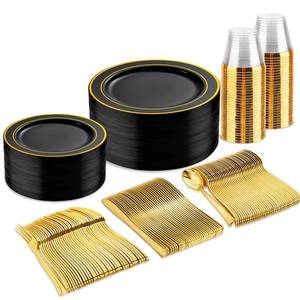 lot 7124 image: bUCLA 150 Pieces Black and Gold Disposable Dinnerware Set - 25 Guests Black Gold Plastic Plates Include 25 Dinner & 25 Dessert Plates, 25 Spoons, 25 Forks, 25 Knives, 25 Cups for Party & Graduation