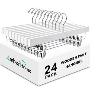 lot 7126 image: Amber Home 24 Pack White Wooden Pants Hangers with Clips, 14 Wood Skirt & Trousers Hangers, Closet Hangers for Jeans, Slacks, Shorts, with 2-Adjustable Clips (White, 24)