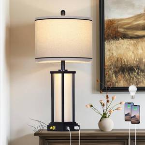 lot 7128 image: Cinkeda 27 Tall Vintage Table Lamp with USB CA & Outlet,Black Industrial End Table Lamp for Living Room,Farmhouse Rustic Bedside Lamp with Frosted Glass Night Light for Bedroom Nightstand,Black-1P