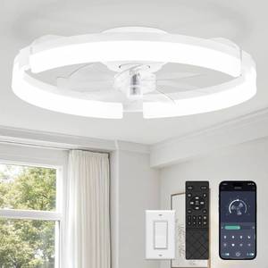 lot 7158 image: LEDIARY 20 Ceiling Fans with Lights and Remote, Modern Low Profile Ceiling Fan, 3 CCT, Stepless Dimmable, Fandelier Flush Mount Fan Light, 6 Speeds, DC Motor, App & Remote Control for Bedroom(White)