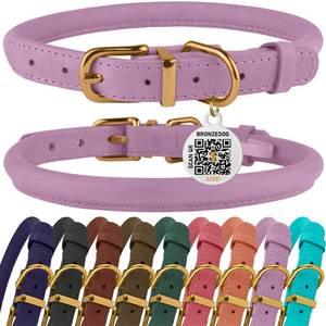 lot 7187 image: BronzeDog Rolled Leather Dog Collar Soft Waxed Leather Round Design Prevents Tangling &amp Matting with QR ID Tag for Small, Dogs (7 - 10 Neck Size, Lavender)