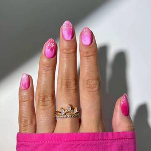 lot 7206 image: 24Pcs Press On Nails Short Almond Fake Nails Rose Pink Nails Press Ons With Flower Designs Artificial Acrylic False Nails Full Cover Glue On Nail Glossy Glitter Stick On Nail For Women