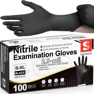 lot 7214 image: Schneider Black Nitrile Exam Gloves, Box of 100, Latex Free & Powder Free Disposable Gloves, for Medical, Food Prep & Cleaning, Medium