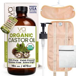 lot 7228 image: Castor Oil Pack Wrap Kit USDA Organic, 16 oz Cold-Pressed Hexane-Free Castor Oil in Glass Bottle  Adjustable Cotton Flannel Waist &amp Neck Wraps  Liver, Abdominal &amp Detox Therapy
