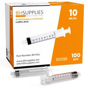 lot 7230 image: BH Supplies 10ml Luer Lock Tip Syringes (No Needle) - Sterile, Individually Wrapped - 100 Syringes
