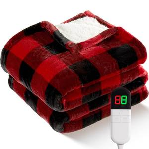 lot 6841 image: Electric Heated Sherpa Buffalo Plaid Christmas Throw Blanket with 8 Heating Levels & 8 Hours Auto Off, Fast Heating Warm Plush Washable Blanket with Over-Heat Protection, ETL Certification, Red
