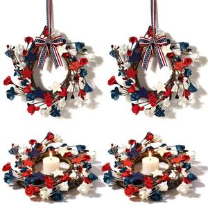 lot 6848 image: 4 Pcs Mini 4th of July Hanging Wreaths for Cabinets Patriotic Red White and Blue Artificial Candle Ring Wreath Pillar Candle Holder Wreath for Farmhouse Independence Day Memorial Day Porch Front Door