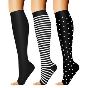 lot 6883 image: CHARMKING 3 Pairs Open Toe Compression Socks for Women & Men Circulation 15-20 mmHg is Best for All Day Wear Running Nurse (10 BlackBlackStripes, LXL)