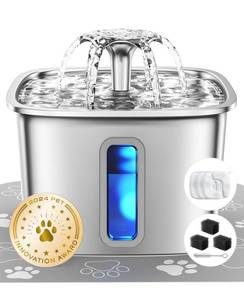 lot 6935 image: Veken Innovation Award Winner Stainless Steel Cat Water Fountain, 108oz3.2L Automatic Pet Fountain Dog Water Dispenser with 3 Replacement Filters & Silicone Mat, Gifts for Cats, Dogs (Silver)