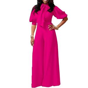 lot 6950 image: VERWIN Plain Dressy Full Length Bowknot Womens Jumpsuit High Waist Woman Romper L Rose