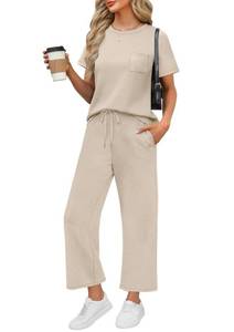 lot 6951 image: WIHOLL Summer Vacation Outfits for Women 2026 Resort Wear Matching Sets Women Clothing 2 Piece Holiday Beach Travel Airport Outfit Teacher Lounge Sets Athleisure Beige M