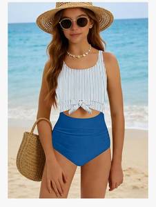 lot 6957 image: Girls Swimsuit One Piece Swimsuits Cutout Tie Knotted Bathing Suits Adjustable Straps Girls Swimwear 15-16Y