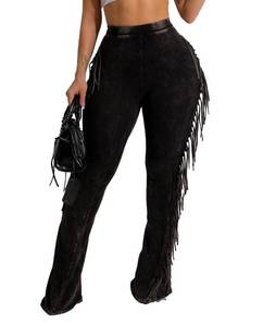 lot 6958 image: BOKITECAO Womens Casual Mid Waist Fringed Cotton Pants Elastic Waist Bodycon Tassels Side Jogger Sweatpant Black Large