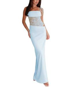 lot 6959 image: GRMLRPT Women Sexy Lace Patchwork Maxi Dress Spaghetti Straps Y2K Sheer Long Bodycon Club Cocktail Long Dresses,Blue,S