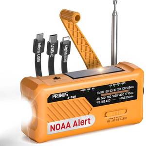 lot 6976 image: PRUNUS J-366 Emergency Radio with 3 Charging Cables, NOAA Weather Alert, 7400mWhSolarHand CrankUSB-C Charging, Battery Operated, WBAMFM, SOS Alarm, Flashlight, Compact for Bag, NOAA Radio