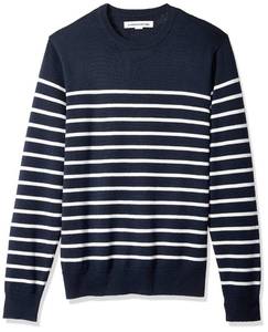 lot 6979 image: Amazon Essentials Mens Long-Sleeve Crewneck Sweater, 100% Cotton, Dark Navy White Stripe, Large