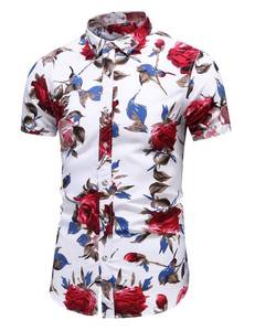 lot 6982 image: LEFTGU Mens Slim fit Floral Printed Short-Sleeve Button-Down Dress Shirt (Large Chest 45.7 inch, Short White red 9899)