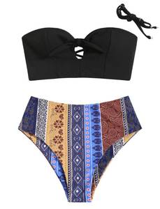 lot 6984 image: ZAFUL Women Ribbed Keyhole Tied High Waisted Bikini Spaghetti Straps Two Pieces Swimsuit Bathing Suit 2-Boho Black S