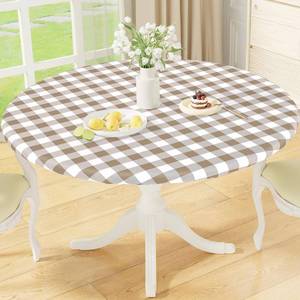 lot 8001 image: misaya Round Fitted Tablecloth with Elastic Edge, Buffalo Plaid Waterproof Vinyl Flannel Backed Table Cloth Cover Fits 18-24 Round Tables for Dinner, Outdoor, Picnic, Khaki White Check