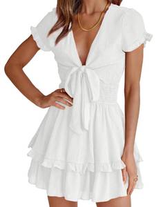 lot 8014 image: PRETTYGARDEN Women Summer Short Dress 2025 Casual V Neck Short Sleeve Tiered Bow Mini Sun Dresses Beach Vacation Sundress(White,Small)