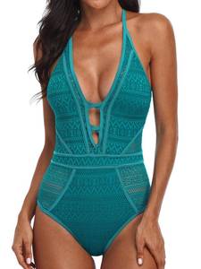 lot 8053 image: SOCIALA Bathing Suit for Women Crochet Swim Suits for Ladies 2025 Plunge V Neck Swim Suits High Waisted Monokini Steel Blue L