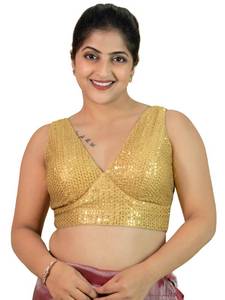lot 8056 image: FIGURES DESIGNER Womens Sequin Embroidered Premium Net Fabric Sleeveless V Neck Sabyasachi Cut Readymade Saree Blouse Padded Stitched Lining Festive Gold Silver Black Copper E20 (Gold, 42)