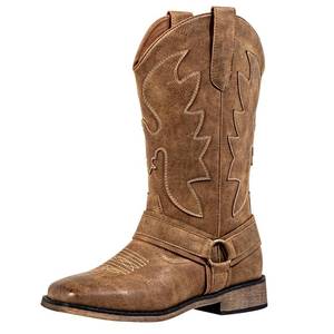 lot 8073 image: SheSole Cowboy Boots for Women Wide Calf with Hidden Elastic & Roomy Square Toe - Easy OnOff Western Cowgirl Boots with Decorative Buckle & Embroidered Accents (Brown, Wide, 8)