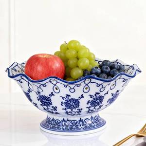 lot 8079 image: Blue and White Decorative Fruit Bowl for Kitchen Counter - 9.5 Large Ceramic Fruit Pedestal Bowl for Home Table Decor, Blue and White Chinoiserie Floral Decor, Large China Footed Fruits Bowls Basket