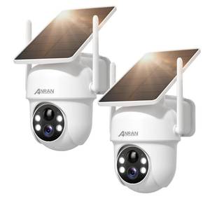 lot 8102 image: ANRAN Solar Security Cameras Wireless Outdoor,2K Cameras for Home Security with Fixed Solar Panel, 360° PTZ for Home Surveillance,2.4G WiFi, PIR Human Detection, 3MP Color Night Vision, 2 Pack