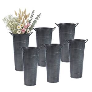 lot 8106 image: vensovo 9 Tall Galvanized Flower Bucket, 6 Pcs French Metal Vases with Handles, Tabletop Rustic Floral Buckets for Dried Flowers, Wedding Flower Bar & Home Decor, Transparent Black