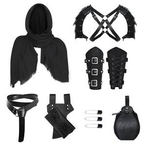 lot 8134 image: 6 Pcs Medieval Knight Accessories Set Renaissance Viking Belt Pouch Leather Bracers Sword Frog Black Scarf,Double Shoulder Armor (Coffee)