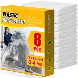 lot 8136 image: 8 Pack Plastic Drop Cloth, 9x12 Ft Plastic Sheeting for Painting, Dust-Proof Tear-Resistant Painters Plastics Tarp Cloth for Furniture Floor Sofa Protector Cover Durable & Thick