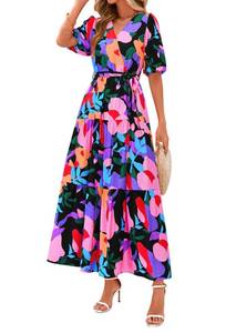 lot 8140 image: PRETTYGARDEN Womens Summer Maxi Dress 2026 Resort Wear Boho Floral V Neck Puff Short Sleeve Ruffle Flowy Beach Long Dresses(Multicolored Flower,Large)