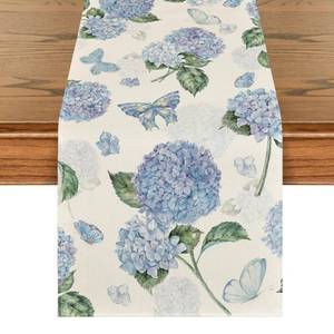 lot 8142 image: Artoid Mode Hydrangea Butterfly Summer Table Runner, Seasonal Spring Holiday Kitchen Dining Table Decoration for Home Party Indoor 13x72 Inch