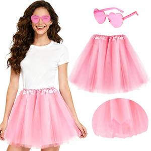 lot 8146 image: PLULON Pink Tutu 5 Layers Skirt for Women with Heart Sunglasses, Fairy Puffy Tutus 80s Retro Tulle Skirts for Halloween Costume Cosplay Ballet Bachelorette Party Running Fancy Dress Photography