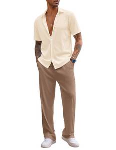 lot 8156 image: COOFANDY Men Sets Outfits 2 Piece Beach Wedding Shirts Casual Loose Pants Large