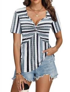lot 8160 image: ETCYY Summer Tops for Women Trendy Front Knotted V-Neck Short Sleeve T Shirts Baby Doll Ladies Tunic Top Loose Casual Blouses,Striped Green,Medium