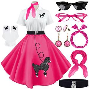 lot 8163 image: VillbeCoser Sock Hop Outfits Women, 1950s Poodle Skirts, Polo Shirt with 50s Accessories Socks Scarf Headband Belt 10Pcs (Rose-S)